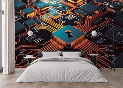 Closeup view of a futuristic circuit board with a prominent locking mechanism at its center featuring a keyhole design Wall mural