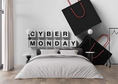 Modern Cyber Monday Flat Lay Bold Typography, Sleek Black Shopping Bags, and Minimalist Design for a Sophisticated Holiday Aesthetic  Wall mural