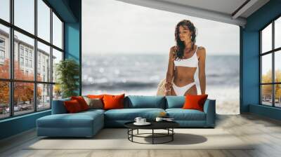 Tanned Woman in White Bikini on the Summer Beach Wall mural