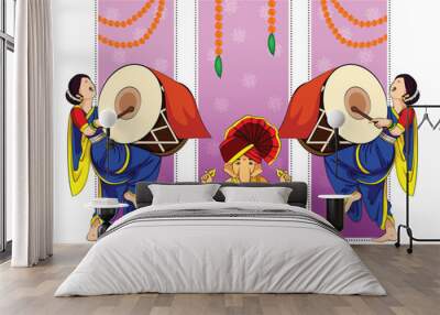 Lord Ganpati in vector for Happy Ganesh Chaturthi festival celebration of India with people celebrating dhol tasha Wall mural