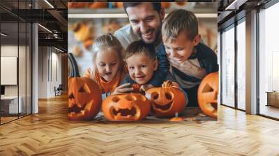 A father and his children have fun carving Wall mural