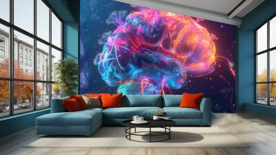 A stunning 3D illustration of a brain with vibrant colors and neural networks, representing neuroscience and brain activity. Wall mural