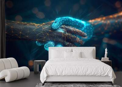 ai generated Illustration two wire-frame glowing hands, handshake, technology, business, trust concept Wall mural