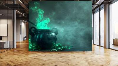 Cauldron with green glowing potion isolated on a dark background Wall mural