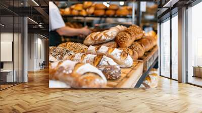 close up of a baker's fresh loaves in bakery Wall mural