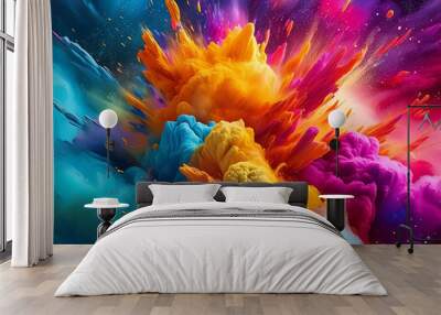 Colored powder explosion. Abstract closeup dust on backdrop. Colorful explode. Wall mural