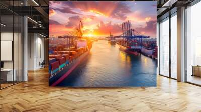 Container ships docked in a port at sunset Wall mural