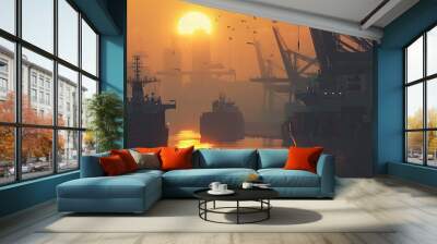 Container ships docked in a port at sunset Wall mural