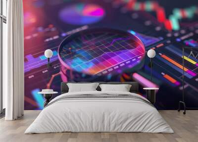 Data analysis for search engine optimization magnifier, charts, graphs. ultraviolet and neon screen. Wall mural