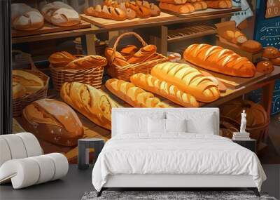 different bread loaves and baguettes on bakery shop Wall mural