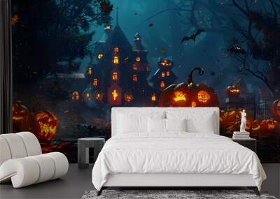 Halloween background with pumpkins and haunted house Wall mural