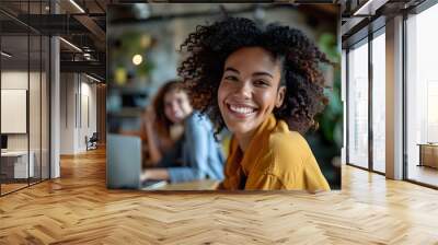 Happy woman portrait and laptop with team for company Wall mural