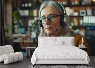 Middle aged mature woman in headphones working from call Wall mural