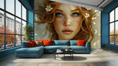 Woman With Blue Eyes and Flowers in Hair Wall mural