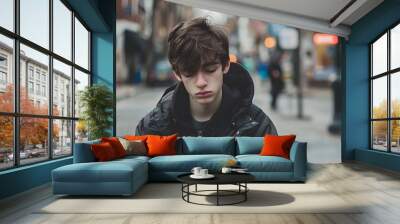 Young teen boy feeling lonely and sad on a street Wall mural