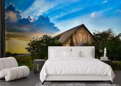 Barn with beautiful sunset  Wall mural