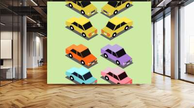 Isometric drawing of Basic Car Design with Two Point of View and Mirror Sample, different Color Sample of Pastel Color Scheme, Vector Illustration can be used as  Icon, Logo or Avatar Wall mural