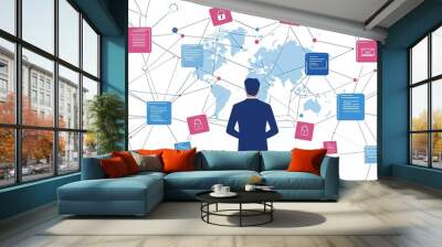 A business professional analyzes global data security trends and network connections in a digital environment during a modern conference Wall mural