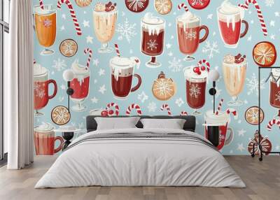 A colorful winter-themed illustration featuring an array of festive drinks on a light blue background with snowflakes and citrus slices Wall mural