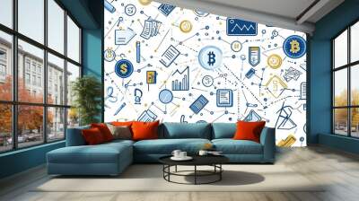 A creative abstract background showcasing cryptocurrency symbols and financial elements with a technological design theme Wall mural