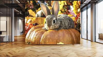 A cute rabbit resting on a pumpkin surrounded by autumn leaves and colorful decorations during the fall season Wall mural