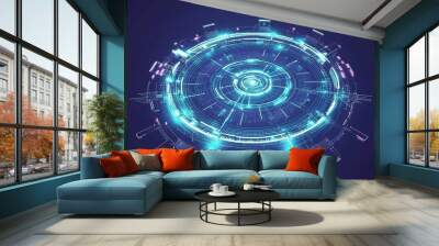 A futuristic digital interface featuring glowing circular patterns and vibrant neon colors set against a deep background Wall mural