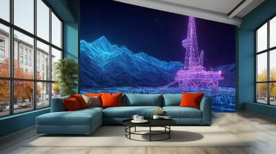 A futuristic oil drilling rig illuminated in neon colors against a backdrop of mountains at night Wall mural