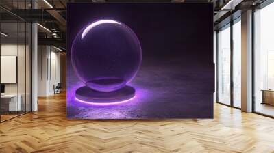 A mystical crystal ball illuminated with purple light on a dark, reflective surface creating an enchanting atmosphere Wall mural