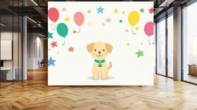 Adorable cartoon puppy surrounded by colorful balloons and stars in a playful setting, perfect for a cheerful celebration Wall mural