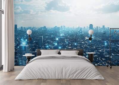 Aerial view of a futuristic urban landscape illuminated by blue lights during the day Wall mural