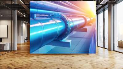 Blue metal pipes in a modern industrial facility with bright lighting reflecting off surfaces Wall mural