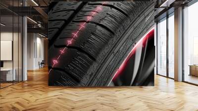 Close-up view of a high-performance tire showcasing tread patterns and wear indicators at a tire shop during daylight Wall mural