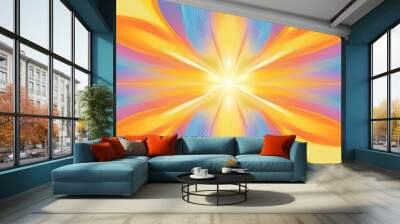 Colorful abstract artwork featuring bright yellow, orange, pink, and blue rays emanating from a central point in a symmetric pattern Wall mural