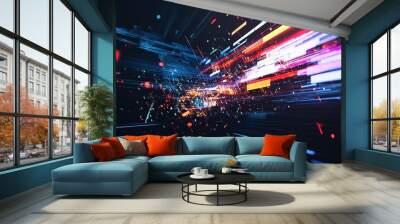 Colorful abstract digital light streaks illustrating high-speed motion in a futuristic environment at night Wall mural