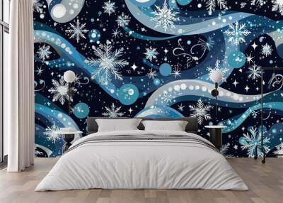 Colorful winter-themed design with swirling patterns, snowflakes, and bubbles on a dark background during the holiday season Wall mural