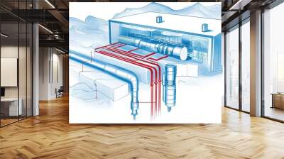 Detailed schematic of a geothermal power plant showcasing energy generation process and infrastructure surrounded by mountains Wall mural