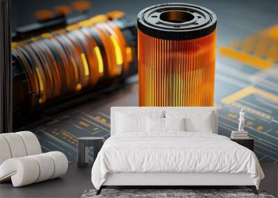 Detailed view of an orange automotive oil filter on a technical blueprint background showcasing modern engineering concepts in a workshop Wall mural