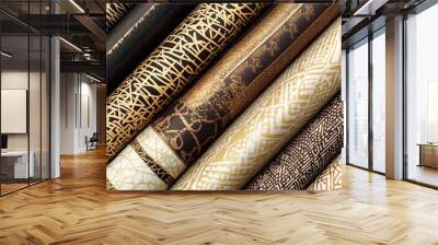 Different types of textured fabric rolled up in rich gold and black patterns displayed together Wall mural