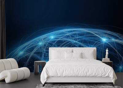 Digital network connections illuminated across a globe against a dark blue background, showcasing technological advancements in global communication Wall mural