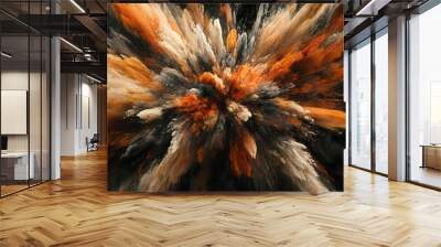 Dynamic explosion of vibrant colors creating an abstract pattern with shades of orange, black, and cream against a dark background Wall mural