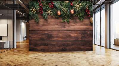 Festive holiday greenery and decorations on a rustic wooden background Wall mural