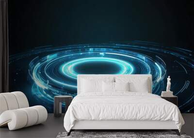 Futuristic circular light design showcasing vibrant blue energy patterns in a dark digital space Wall mural