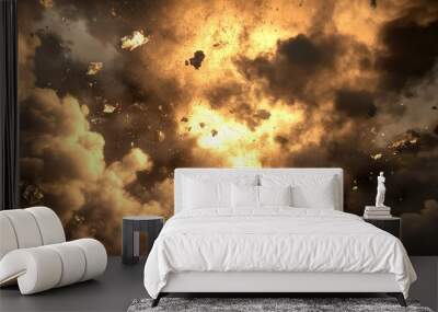 Massive explosion lighting up the sky with fiery debris during daytime in an urban environment Wall mural