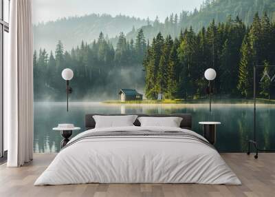 Quiet cabin by a misty lake in the early morning surrounded by dense pine forest Wall mural