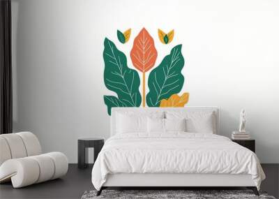 Stylized illustration of green and orange leaves with yellow accents on a light background, showcasing a modern botanical design Wall mural