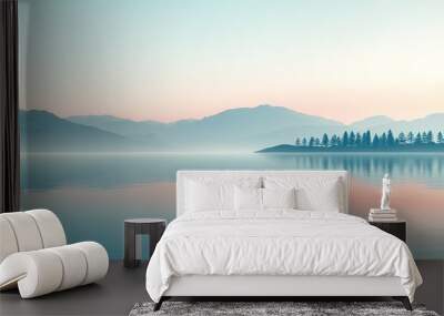 Tranquil morning at a serene lake surrounded by misty mountains and evergreen trees near dawn's first light Wall mural