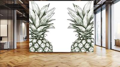 Two detailed illustrations of pineapples with intricate leaf patterns against a white background Wall mural