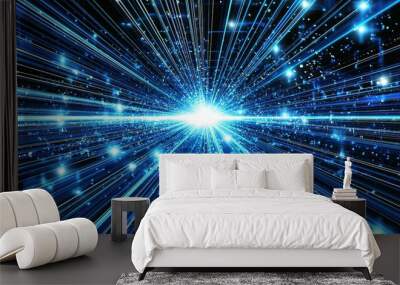 Vibrant light explosion with blue rays radiating outward, creating a cosmic and energetic visual effect Wall mural