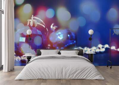 Christmas decoration blue balls, Space for copy. Wall mural