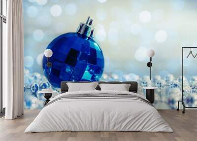 Christmas decoration blue balls, Space for copy. Wall mural